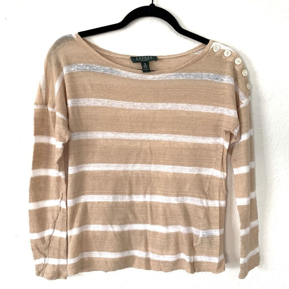 LAUREN Ralph Lauren Tan White Striped Linen Boat Neck Sweater Petit Size S